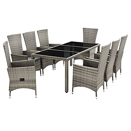 ArtLife Polyrattan Sitzgruppe Rimini Plus 9-teilig grau-meliert | Gartenmöbel Set mit Tisch, 8 Stühlen & Kissen | graue Bezüge | Rattan Balkonmöbel