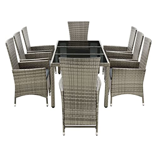 ArtLife Polyrattan Sitzgruppe Rimini Plus 9-teilig grau-meliert | Gartenmöbel Set mit Tisch, 8 Stühlen & Kissen | graue Bezüge | Rattan Balkonmöbel - 9