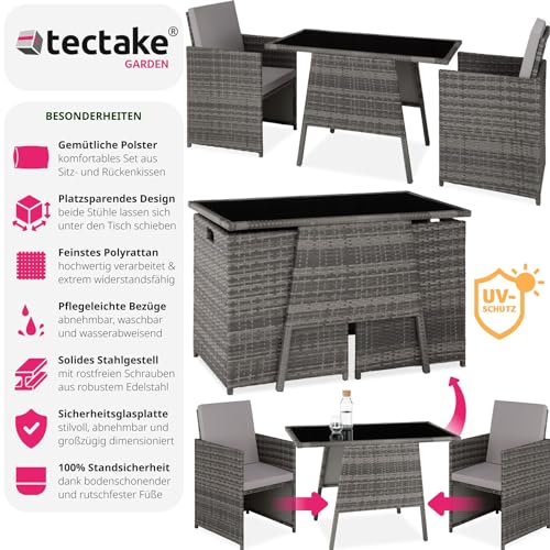 TecTake 800682 Polyrattan Sitzgruppe für 2 Personen, zusammenschiebbar, 2 Stühle & 1 Tisch mit Glasplatte, inkl. Sitz- und Rückenkissen – Diverse Farben – (Grau | Nr. 403097) - 2