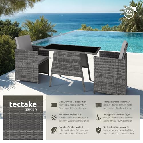 TecTake 800682 Polyrattan Sitzgruppe für 2 Personen, zusammenschiebbar, 2 Stühle & 1 Tisch mit Glasplatte, inkl. Sitz- und Rückenkissen – Diverse Farben – (Grau | Nr. 403097) - 2