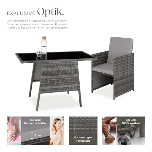 TecTake 800682 Polyrattan Sitzgruppe für 2 Personen, zusammenschiebbar, 2 Stühle & 1 Tisch mit Glasplatte, inkl. Sitz- und Rückenkissen – Diverse Farben – (Grau | Nr. 403097) - 3