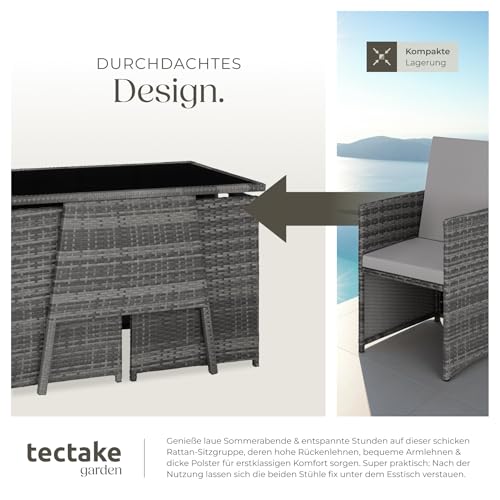 TecTake 800682 Polyrattan Sitzgruppe für 2 Personen, zusammenschiebbar, 2 Stühle & 1 Tisch mit Glasplatte, inkl. Sitz- und Rückenkissen – Diverse Farben – (Grau | Nr. 403097) - 5