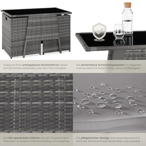 TecTake 800682 Polyrattan Sitzgruppe für 2 Personen, zusammenschiebbar, 2 Stühle & 1 Tisch mit Glasplatte, inkl. Sitz- und Rückenkissen – Diverse Farben – (Grau | Nr. 403097) - 6