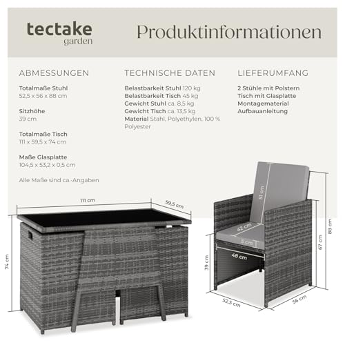TecTake 800682 Polyrattan Sitzgruppe für 2 Personen, zusammenschiebbar, 2 Stühle & 1 Tisch mit Glasplatte, inkl. Sitz- und Rückenkissen – Diverse Farben – (Grau | Nr. 403097) - 7