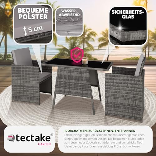 TecTake 800682 Polyrattan Sitzgruppe für 2 Personen, zusammenschiebbar, 2 Stühle & 1 Tisch mit Glasplatte, inkl. Sitz- und Rückenkissen – Diverse Farben – (Grau | Nr. 403097) - 7