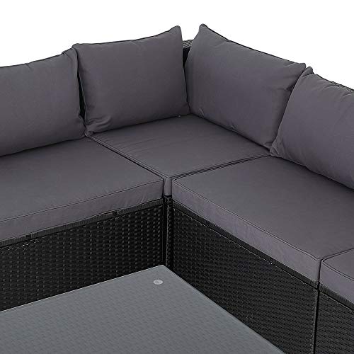Casaria Poly Rattan XXL Lounge Set inkl. 7cm Auflagen und 15cm dicken Kissen Tisch mit Glasplatte frei stellbare Elemente Gartenmöbel Sitzgruppe Schwarz Grau - 2