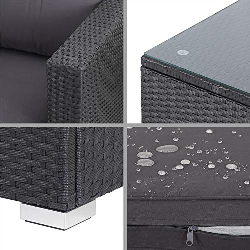 Casaria Poly Rattan XXL Lounge Set inkl. 7cm Auflagen und 15cm dicken Kissen Tisch mit Glasplatte frei stellbare Elemente Gartenmöbel Sitzgruppe Schwarz Grau - 5