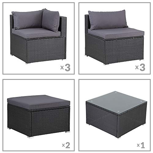Casaria Poly Rattan XXL Lounge Set inkl. 7cm Auflagen und 15cm dicken Kissen Tisch mit Glasplatte frei stellbare Elemente Gartenmöbel Sitzgruppe Schwarz Grau - 6