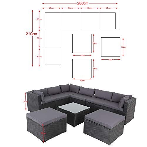 Casaria Poly Rattan XXL Lounge Set inkl. 7cm Auflagen und 15cm dicken Kissen Tisch mit Glasplatte frei stellbare Elemente Gartenmöbel Sitzgruppe Schwarz Grau - 8
