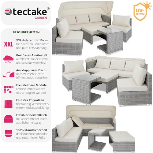 TecTake 800771 Aluminium Poly Rattan Lounge Set, 16-teilig, wetterfest, Garten Sofa mit Sonnendach, Outdoor Sitzgruppe inkl. Kissen und Beistelltisch – Diverse Farben – (Hellgrau | Nr. 403712) - 2