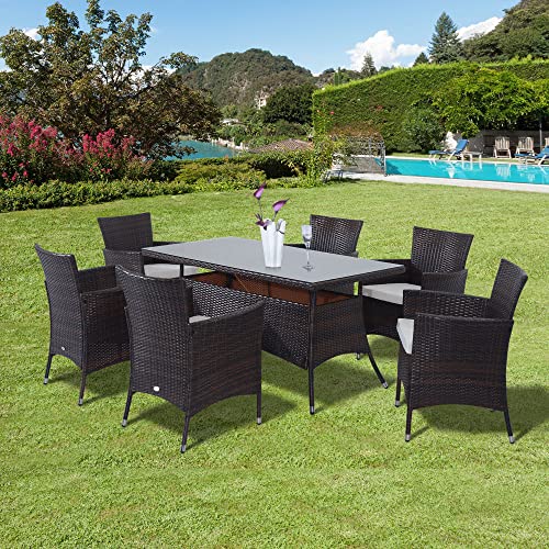 Outsunny 7 TLG. Polyrattan Gartenmöbel Rattan Gartenset Sitzgruppe Garnitur Essgruppe inkl. Kissen 6 Personen Braun+Creamweiß 150 x 80 x 74 cm - 2