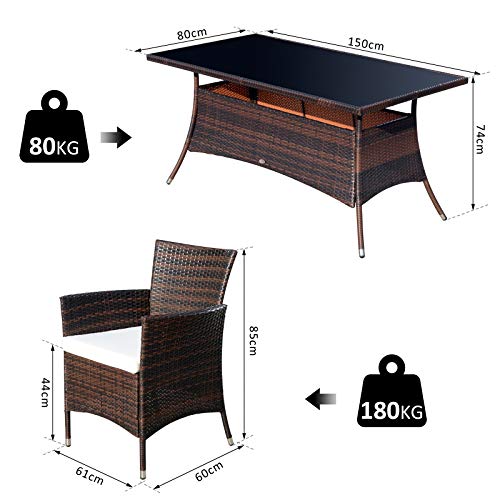 Outsunny 7 TLG. Polyrattan Gartenmöbel Rattan Gartenset Sitzgruppe Garnitur Essgruppe inkl. Kissen 6 Personen Braun+Creamweiß 150 x 80 x 74 cm - 5