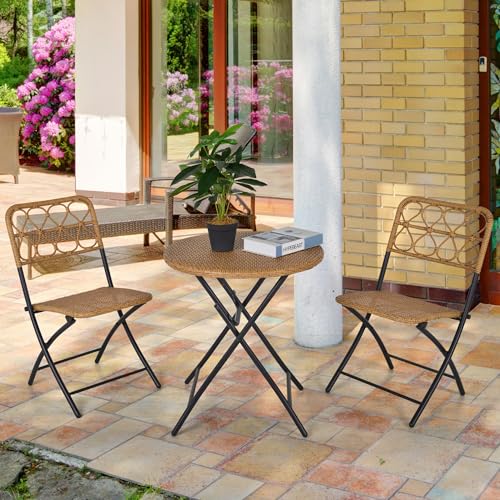Outsunny 3 TLG. Polyrattan Sitzgruppe Bistroset Balkonset Garnitur 2 Stühlen + Tisch Klappbar Garten Natur - 2