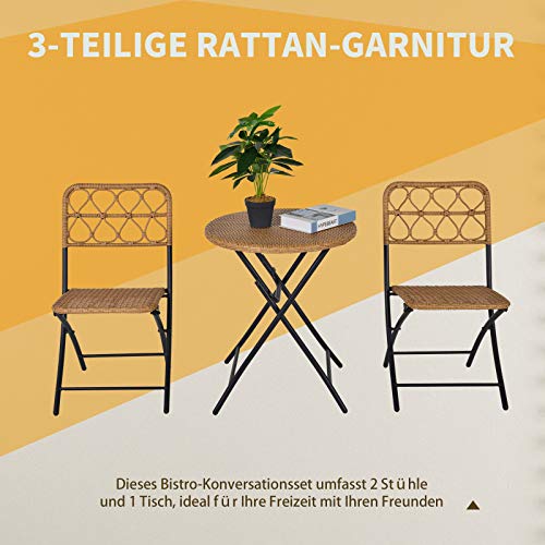 Outsunny 3 TLG. Polyrattan Sitzgruppe Bistroset Balkonset Garnitur 2 Stühlen + Tisch Klappbar Garten Natur - 6