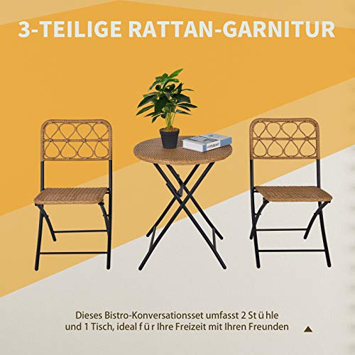 Outsunny 3 TLG. Polyrattan Sitzgruppe Bistroset Balkonset Garnitur 2 Stühlen + Tisch Klappbar Garten Natur - 3