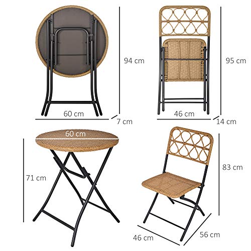 Outsunny 3 TLG. Polyrattan Sitzgruppe Bistroset Balkonset Garnitur 2 Stühlen + Tisch Klappbar Garten Natur - 6