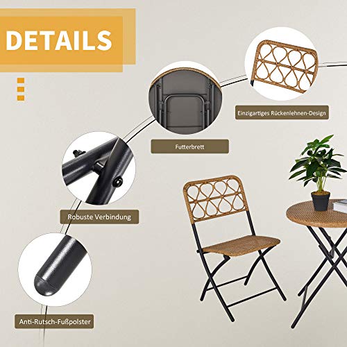 Outsunny 3 TLG. Polyrattan Sitzgruppe Bistroset Balkonset Garnitur 2 Stühlen + Tisch Klappbar Garten Natur - 5