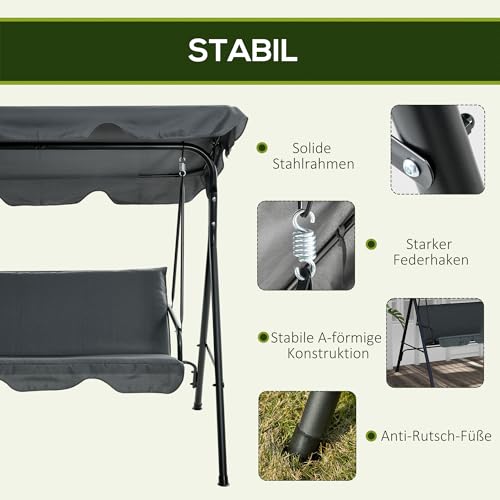 Outsunny Hollywoodschaukel Gartenschaukel Schaukelbank 3-Sitzer mit Dach Stahl Grau 172x110x152cm - 4