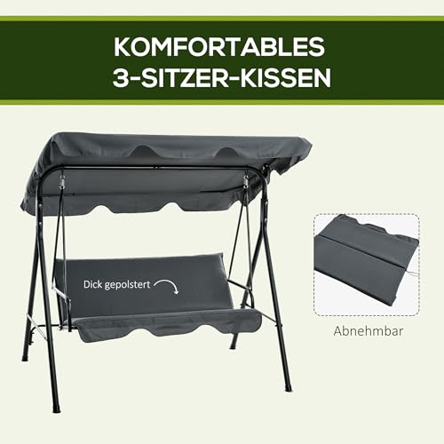 Outsunny Hollywoodschaukel Gartenschaukel Schaukelbank 3-Sitzer mit Dach Stahl Grau 172x110x152cm - 7
