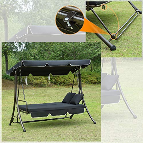 Loywe Hollywoodschaukel Gartenschaukel Moderne Gartenliege Outdoor Schaukelbank mit Liegefunktion 190x135x170cm LW10 Schwarz - 5
