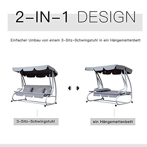 Outsunny Hollywoodschaukel Gartenschaukel 3-Sitzer Liegefunktion Stahl Grau 200x120x164cm - 3