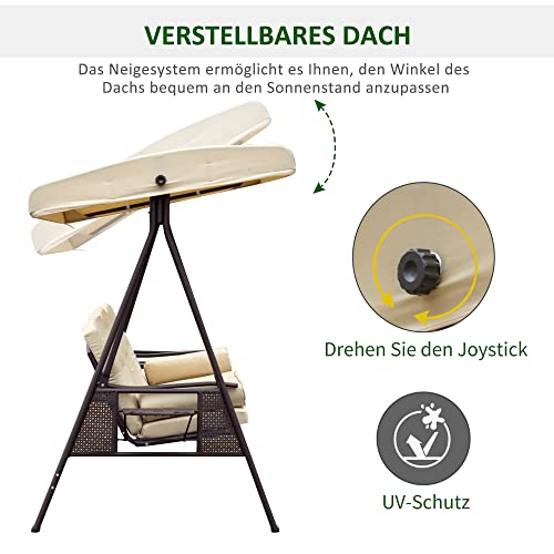 Outsunny 3-Sitzer Hollywoodschaukel Gartenschaukel mit Sonnendach + Kissen Metall + Polyester Beige + Braun 124,5 x 206 x 180 cm - 4