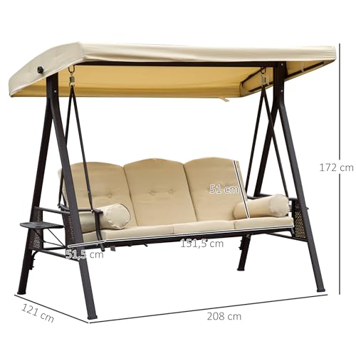 Outsunny 3-Sitzer Hollywoodschaukel Gartenschaukel mit Sonnendach + Kissen Metall + Polyester Beige + Braun 124,5 x 206 x 180 cm - 5