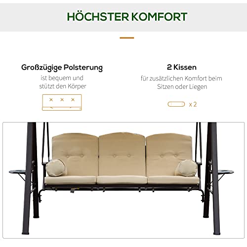 Outsunny 3-Sitzer Hollywoodschaukel Gartenschaukel mit Sonnendach + Kissen Metall + Polyester Beige + Braun 124,5 x 206 x 180 cm - 6