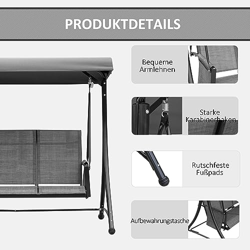 Outsunny 3-Sitzer Hollywoodschaukel, Gartenschaukel mit Sonnendach, Schaukelbank mit Ablage, Aluminium, Grau, 196 x 128 x 172 cm - 6