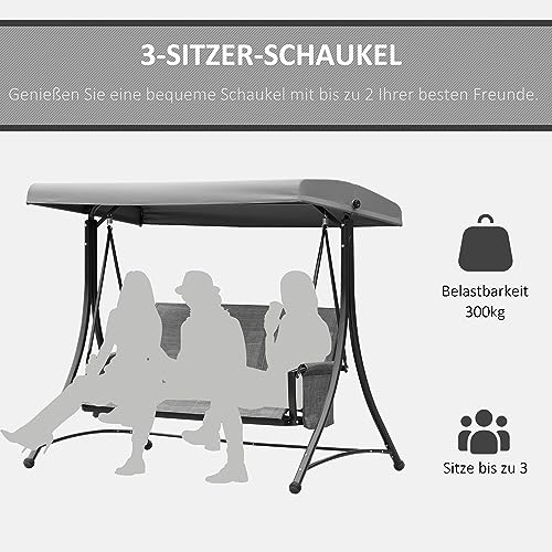 Outsunny 3-Sitzer Hollywoodschaukel, Gartenschaukel mit Sonnendach, Schaukelbank mit Ablage, Aluminium, Grau, 196 x 128 x 172 cm - 6