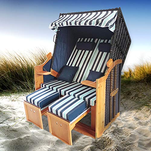 BRAST Strandkorb Deluxe 2-Sitzer XXL für 2 Personen 120cm breit mehrere Designs incl. Abdeckhaube Farbe Blau/Hellblau/Weiß gestreift Ostsee - 9