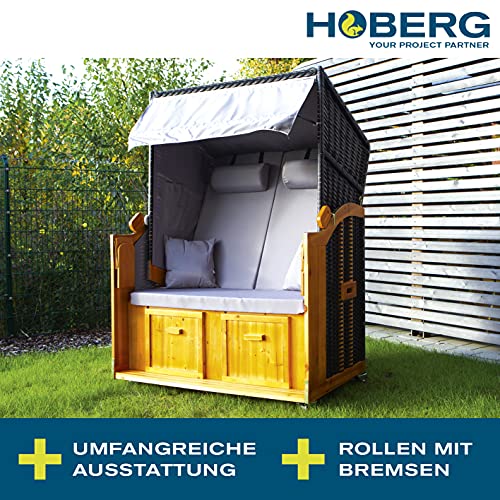 Hoberg 2-Sitzer-Strandkorb (Ostsee), 120x80x160 cm, 5 Liegestufen einstellbar, Rollen mit Feststellbremsen, ausziehbare Fußbänke, 2 Nackenkissen - 2