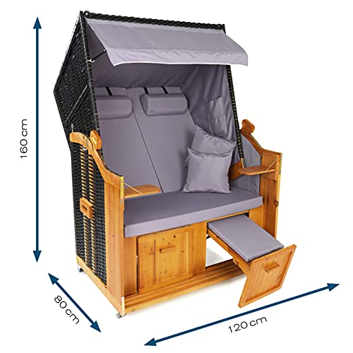 Hoberg 2-Sitzer-Strandkorb (Ostsee), 120x80x160 cm, 5 Liegestufen einstellbar, Rollen mit Feststellbremsen, ausziehbare Fußbänke, 2 Nackenkissen - 3