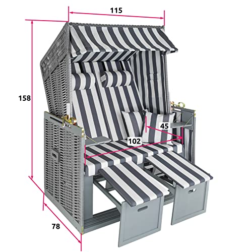 tectake 800805 Strandkorb Ostsee 2-Sitzer, 4-Fach verstellbare Rückenlehne, Volllieger mit Fußbänkchen und Seitentische, inkl. Schutzhülle + Kissen (Grau Weiß | Nr. 403907) - 3