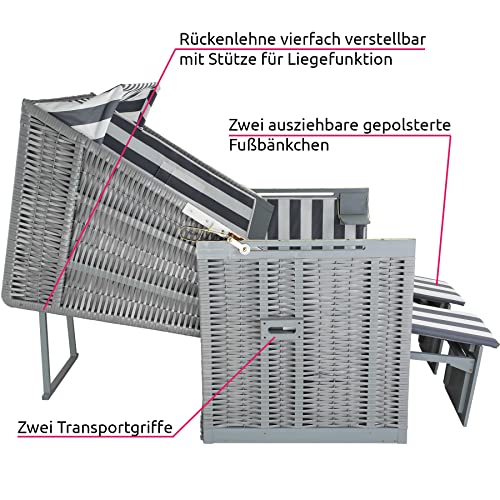 tectake 800805 Strandkorb Ostsee 2-Sitzer, 4-Fach verstellbare Rückenlehne, Volllieger mit Fußbänkchen und Seitentische, inkl. Schutzhülle + Kissen (Grau Weiß | Nr. 403907) - 5