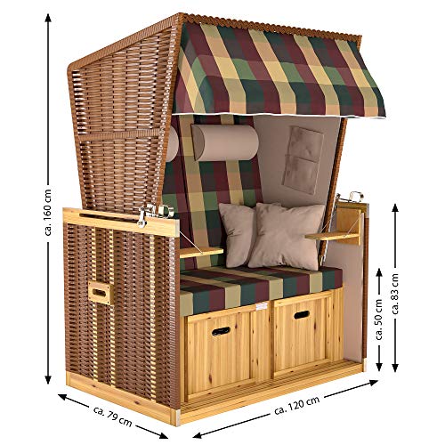 SANZARO Strandkorb XL 120 cm Deluxe Zweisitzer | Holz und Poly-Rattan | Sylt Ostsee Volllieger | inkl. 4 Kissen klappbare Rückenlehne | Rot-Beige-Grün Karo - 7