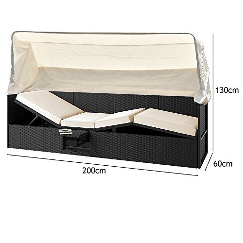 Deuba Poly Rattan Lounge Liege Mit Sonnendach 7cm Dicke Auflagen Klapptisch Schwarz Sonnenliege Gartenliege Garten Sofa - 7