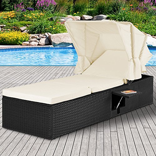 Casaria Poly Rattan Sonnenliege Gartenliege Schwarz Faltbares Sonnendach 7cm Dicke Auflagen Klapptisch verstellbar - 2