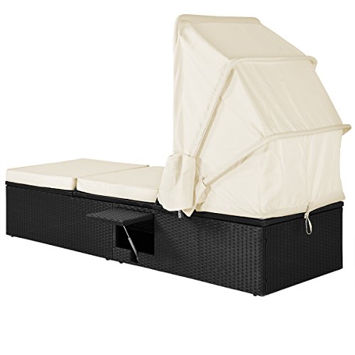 Casaria Poly Rattan Sonnenliege Gartenliege Schwarz Faltbares Sonnendach 7cm Dicke Auflagen Klapptisch verstellbar - 4