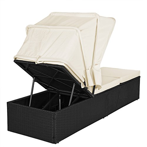 Casaria Poly Rattan Sonnenliege Gartenliege Schwarz Faltbares Sonnendach 7cm Dicke Auflagen Klapptisch verstellbar - 5