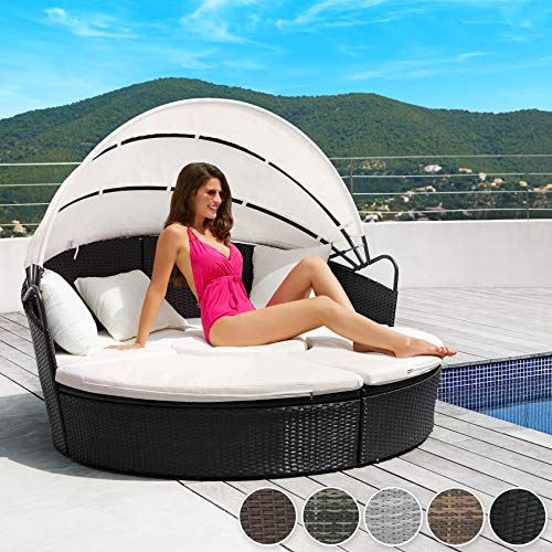 tectake 800764 Hochwertige XXL Aluminium Polyrattan Sonneninsel mit aufklappbarem Sonnendach, Lounge Sonnenliege inkl. Kissen und Auflagen, 180x161x138cm – Diverse Farben – (Natur | Nr. 403737) - 2