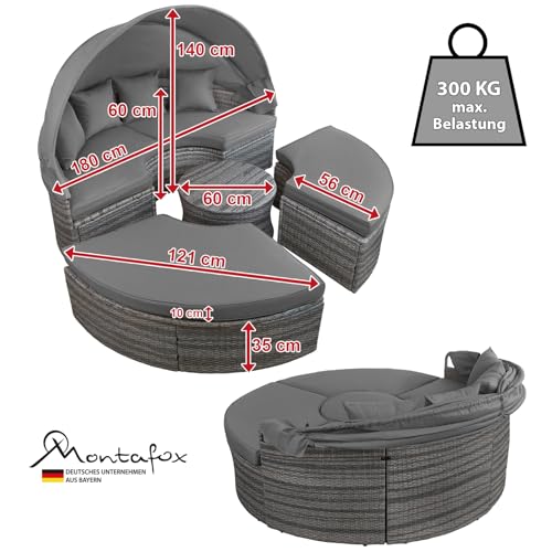 Montafox 13-teilige Polyrattan Lounge Muschel Sonneninsel Sonnendach Klappbar Zierkissen Auflagen 10 cm Dicke, Farbe:Kieselstrand - 2