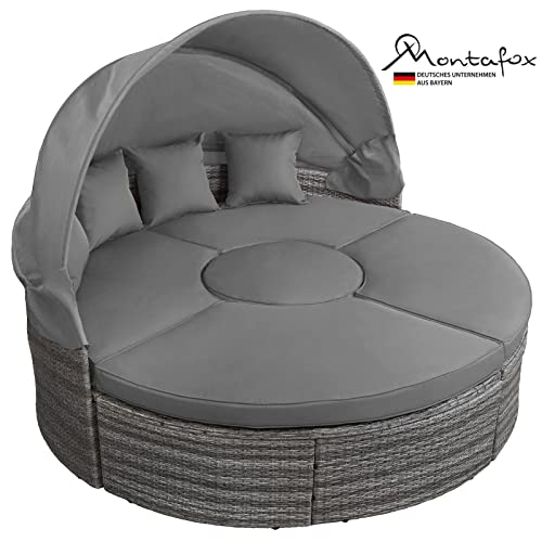 Montafox 13-teilige Polyrattan Lounge Muschel Sonneninsel Sonnendach Klappbar Zierkissen Auflagen 10 cm Dicke, Farbe:Kieselstrand - 3