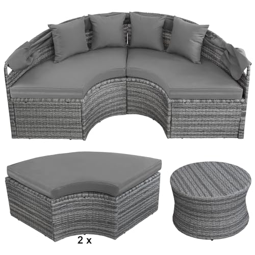 Montafox 13-teilige Polyrattan Lounge Muschel Sonneninsel Sonnendach Klappbar Zierkissen Auflagen 10 cm Dicke, Farbe:Kieselstrand - 4