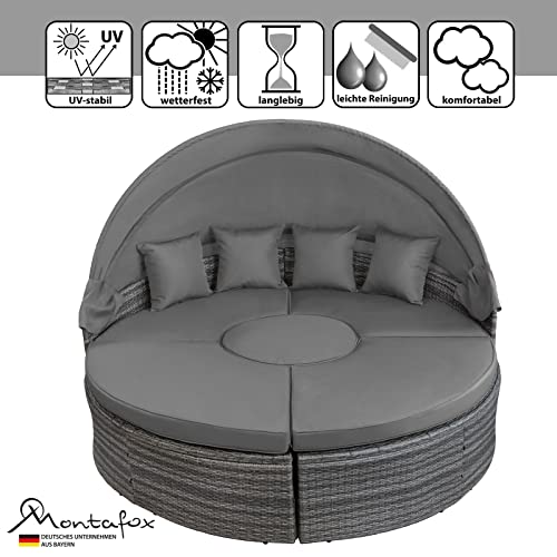 Montafox 13-teilige Polyrattan Lounge Muschel Sonneninsel Sonnendach Klappbar Zierkissen Auflagen 10 cm Dicke, Farbe:Kieselstrand - 5