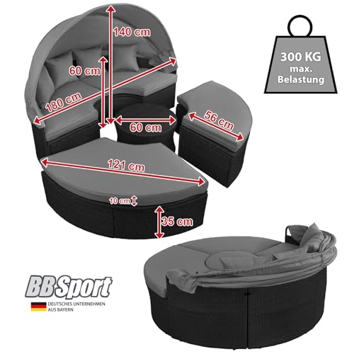 BB Sport 13-teilige Polyrattan Lounge Muschel Sonneninsel Sonnendach Klappbar Zierkissen Auflagen 10 cm Dicke, Farbe:Titan-Schwarz/Kieselstrand - 2
