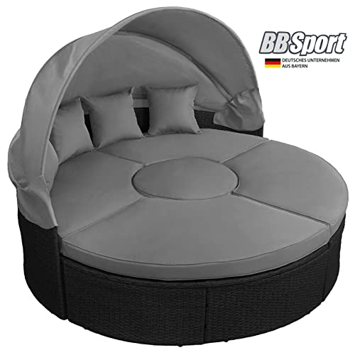 BB Sport 13-teilige Polyrattan Lounge Muschel Sonneninsel Sonnendach Klappbar Zierkissen Auflagen 10 cm Dicke, Farbe:Titan-Schwarz/Kieselstrand - 2