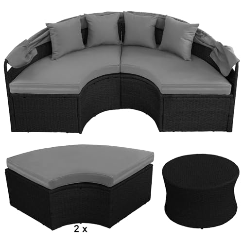 BB Sport 13-teilige Polyrattan Lounge Muschel Sonneninsel Sonnendach Klappbar Zierkissen Auflagen 10 cm Dicke, Farbe:Titan-Schwarz/Kieselstrand - 4