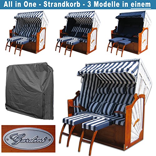 Strandkorb XXXL # 2,5-Sitzer XXXL Strandkorb breit # Ostsee Strandkorb # 2x komplett wechselbare BEZÜGE # uni Bezug blau # +BONUS Bezug blau gestreift # inkl. Strandkorbhülle # Polyrattan: weiss - 2