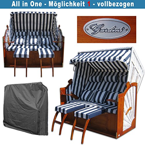 Strandkorb XXXL # 2,5-Sitzer XXXL Strandkorb breit # Ostsee Strandkorb # 2x komplett wechselbare BEZÜGE # uni Bezug blau # +BONUS Bezug blau gestreift # inkl. Strandkorbhülle # Polyrattan: weiss - 3